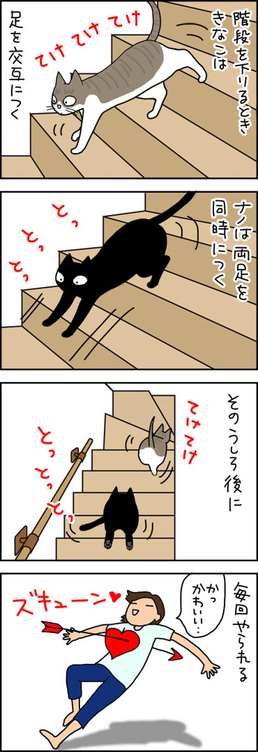 階段を下りる猫の4コマ漫画