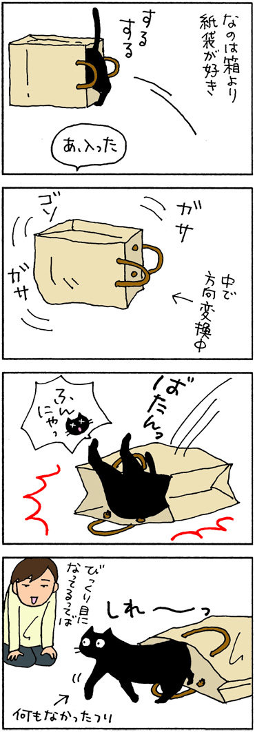 紙袋に入るネコの4コマ猫漫画