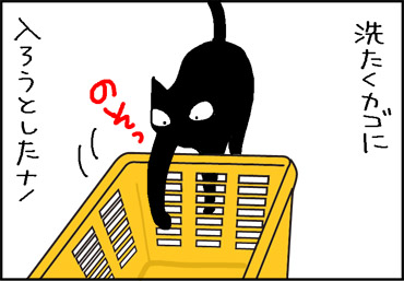 洗濯かごに入ろうとする猫の4コマ猫漫画