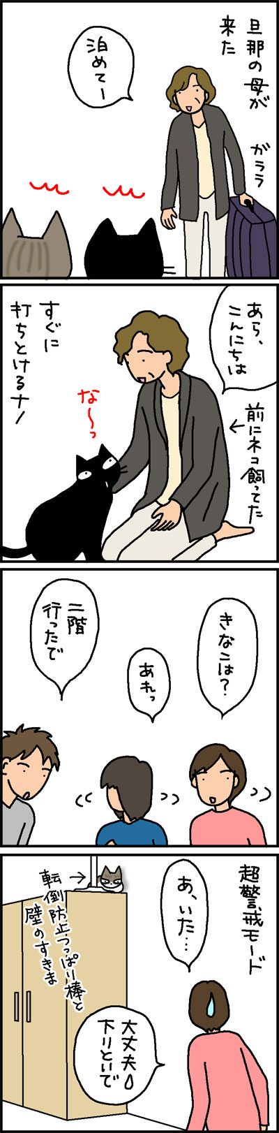 見かけない人が来た時のネコの反応の4コマネコ漫画