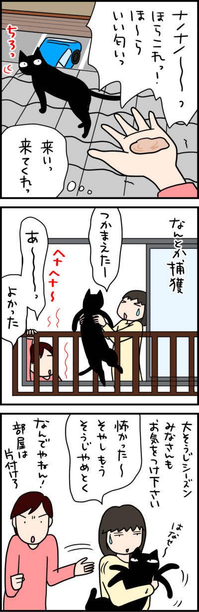 黒猫が屋根に下りた４コマ猫まんが